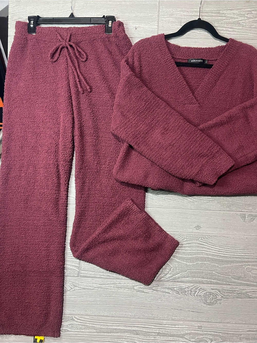 Cozy V-Neck Plush Sweater & Lounge Pants Set - burgundy